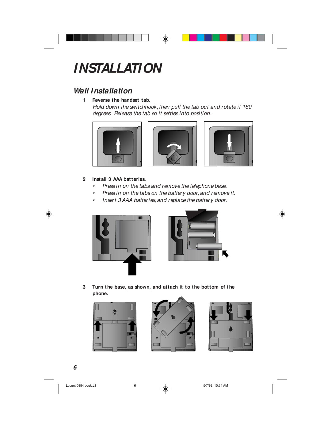 Lucent Technologies 954 user manual Wall Installation, Reverse the handset tab 