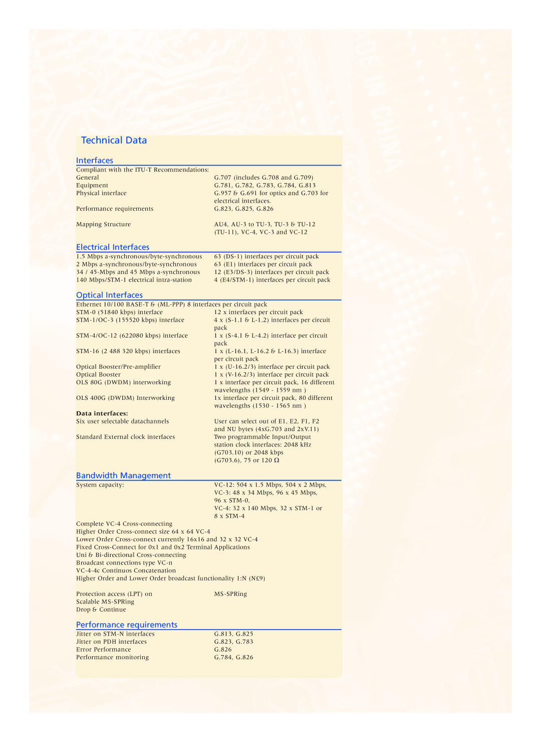 Lucent Technologies ADM 16/1 Electrical Interfaces, Optical Interfaces, Bandwidth Management, Performance requirements 