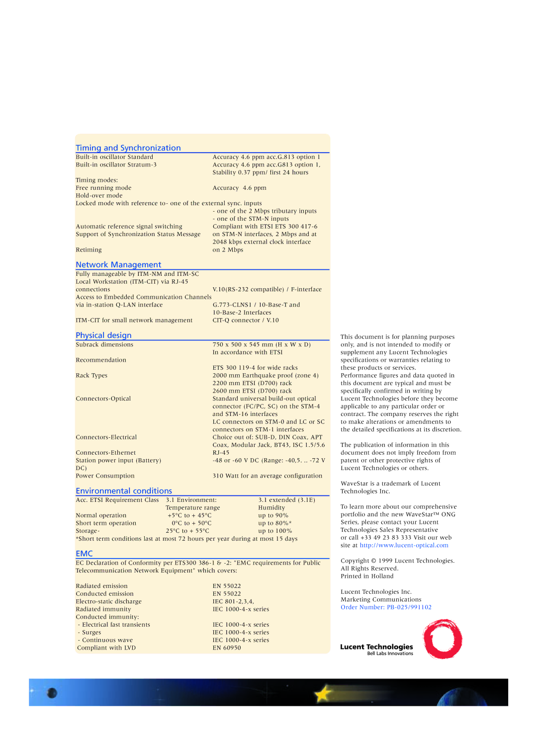 Lucent Technologies ADM 16/1 Timing and Synchronization, Network Management, Physical design, Environmental conditions 