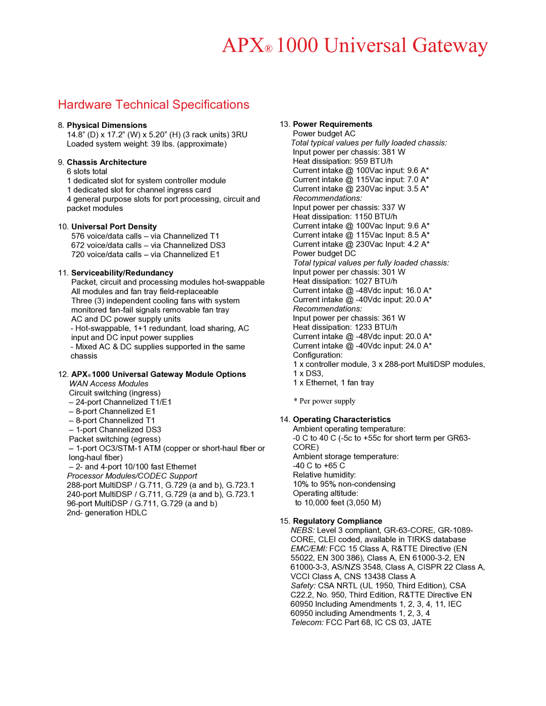 Lucent Technologies APX 1000 manual Hardware Technical Specifications 