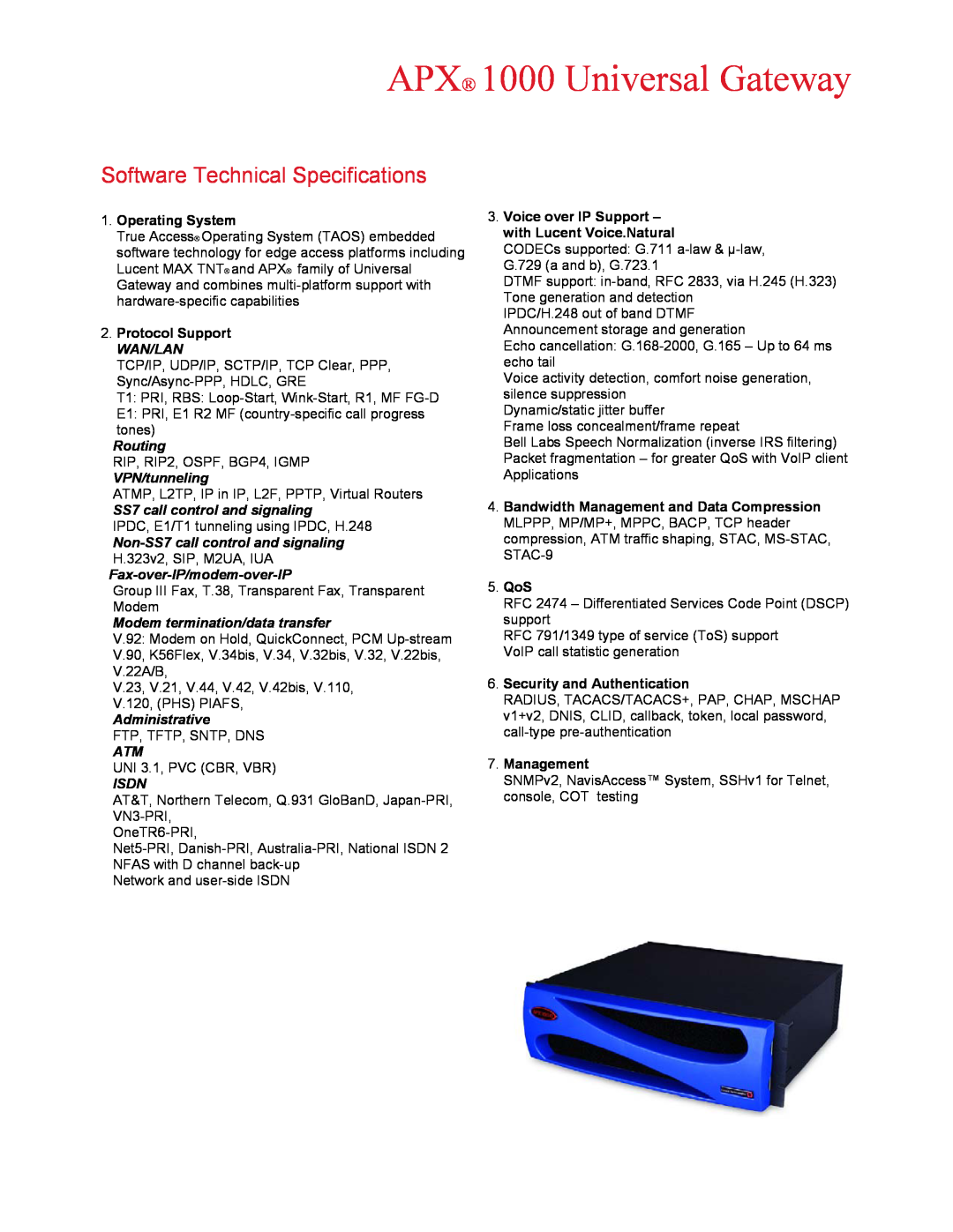 Lucent Technologies Software Technical Specifications, APX 1000 Universal Gateway, Operating System, Protocol Support 