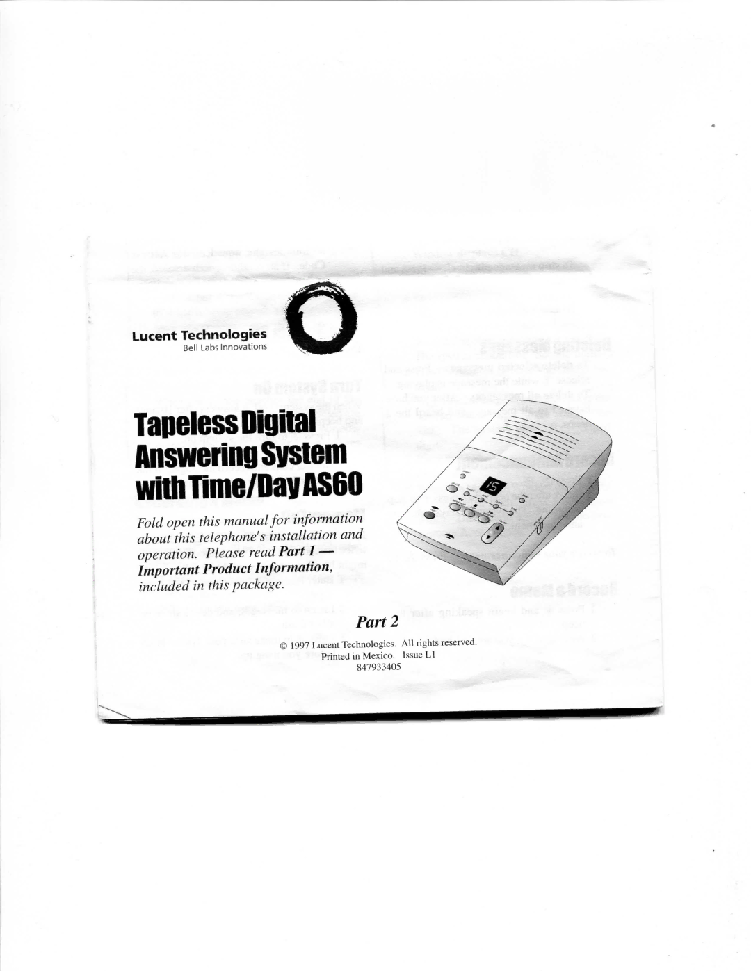 Lucent Technologies manual Tapeless Digital Answering System with Time/Day AS60 