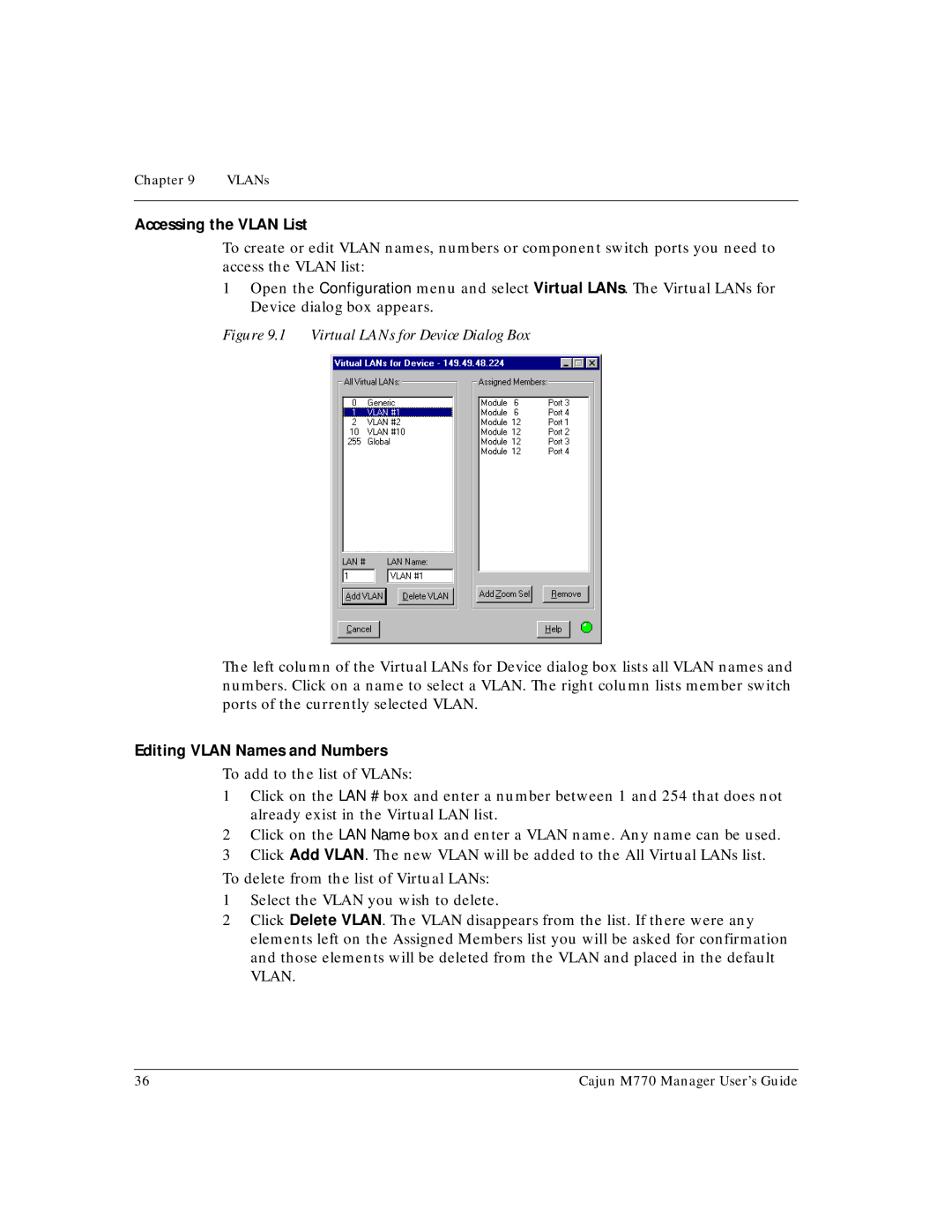 Lucent Technologies Cajun M770 manual Accessing the Vlan List, Editing Vlan Names and Numbers 