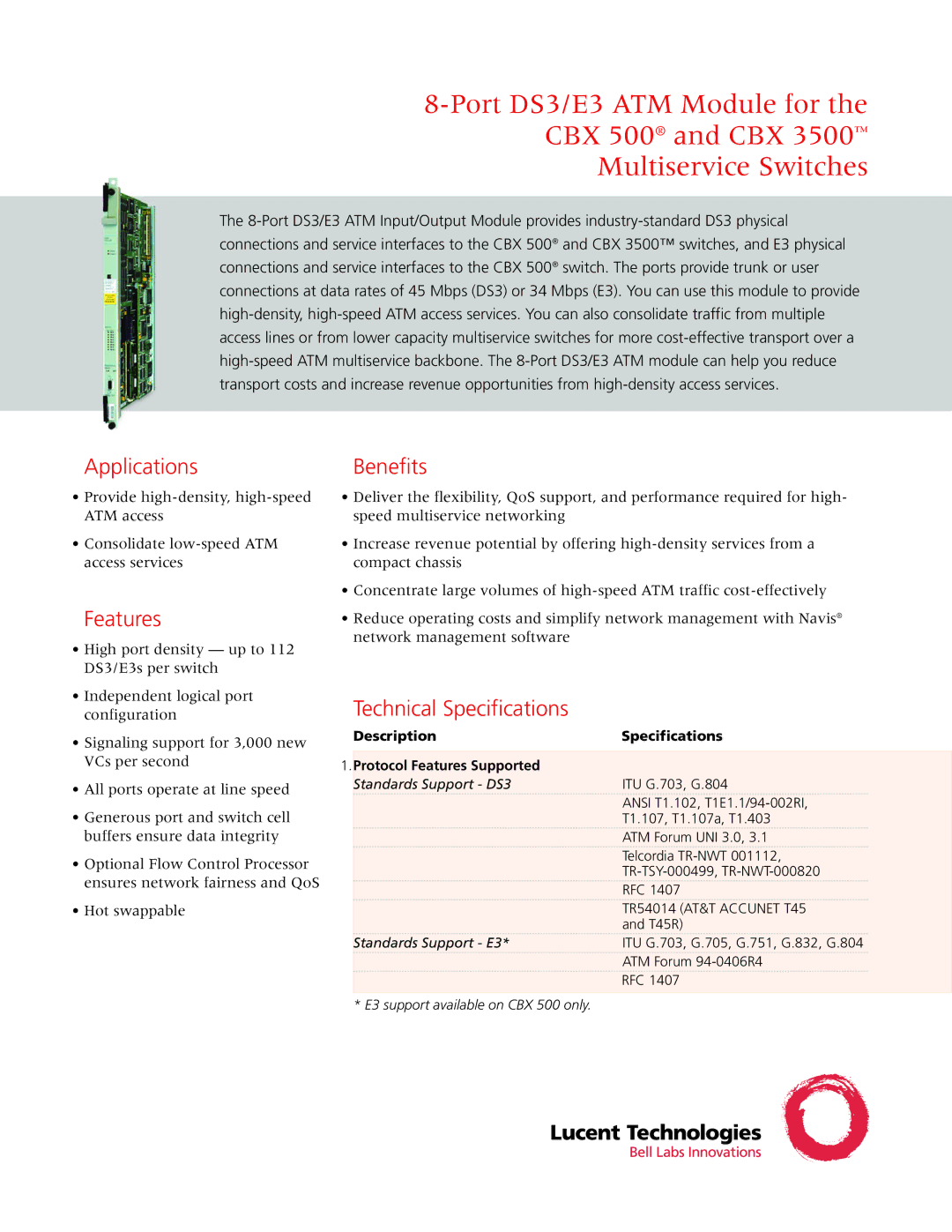 Lucent Technologies CBX 3500 technical specifications Applications, Features, Benefits, Technical Specifications 