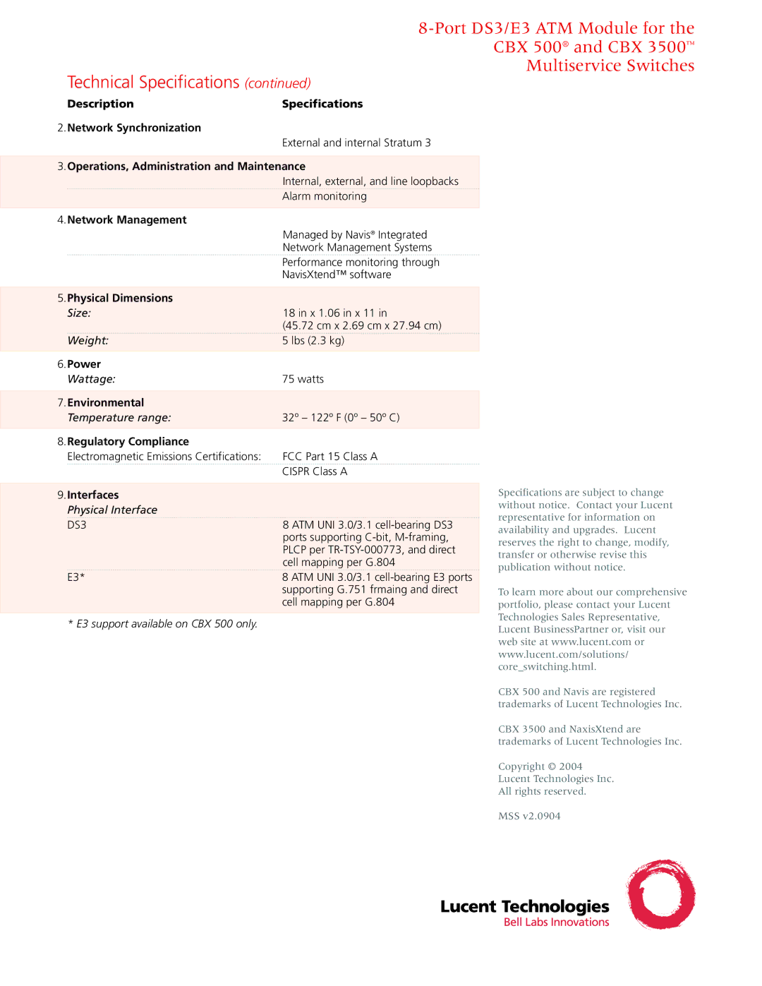 Lucent Technologies CBX 3500 Description Specifications Network Synchronization, Network Management, Physical Dimensions 