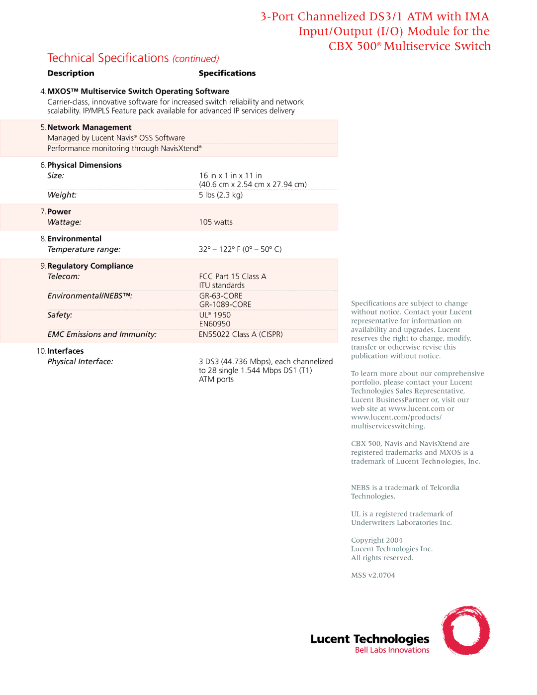 Lucent Technologies CBX 500 Network Management, Physical Dimensions, Power, Environmental, Regulatory Compliance 