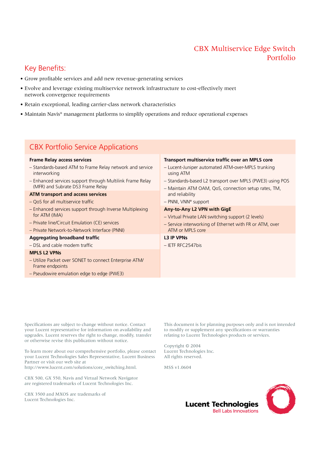 Lucent Technologies CBX Multiservice Edge Switch manual Key Benefits, CBX Portfolio Service Applications 