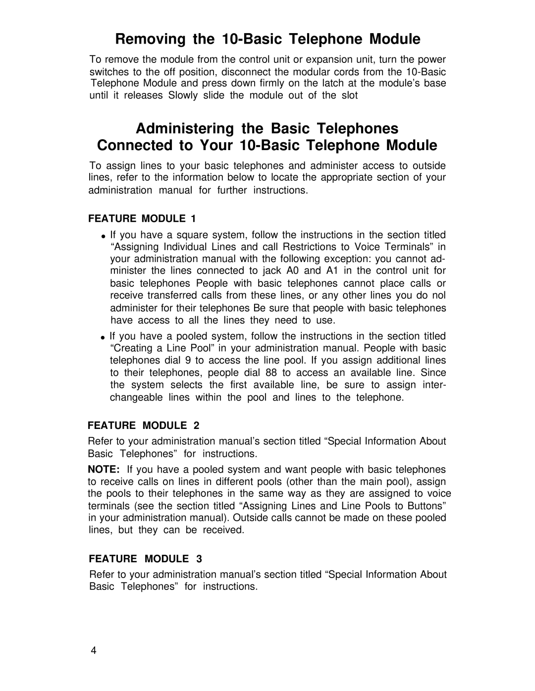 Lucent Technologies CIB 3020 manual Removing the 10-Basic Telephone Module, Feature Module 