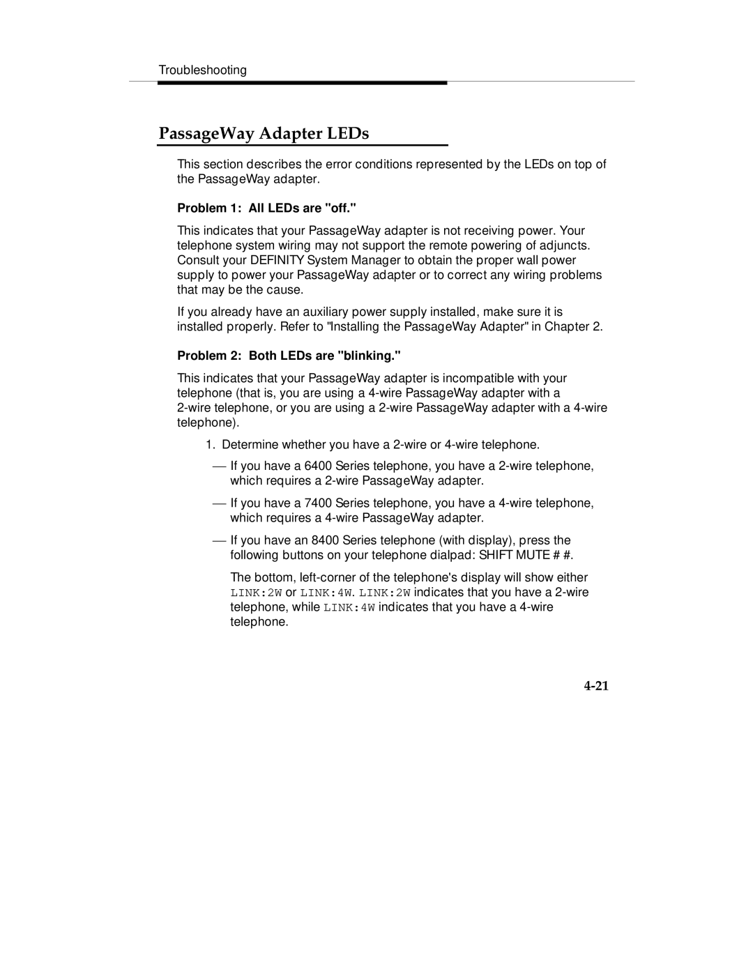 Lucent Technologies Comcode 108239393 manual PassageWay Adapter LEDs, Problem 1 All LEDs are off 