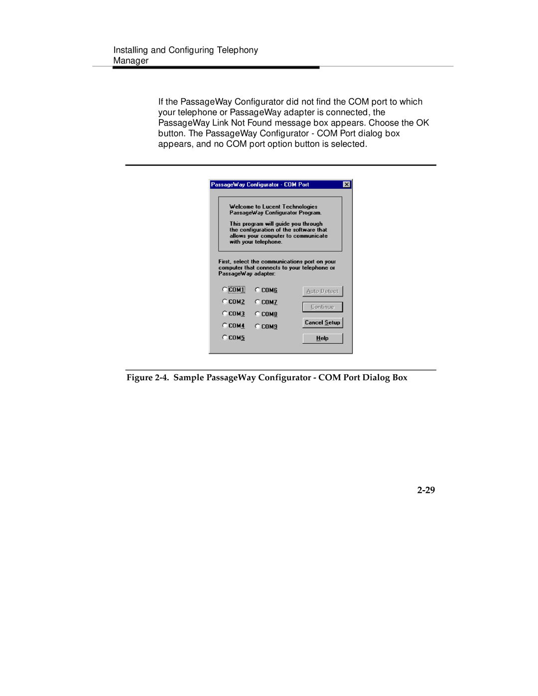 Lucent Technologies Comcode 108239393 manual Sample PassageWay Configurator COM Port Dialog Box 