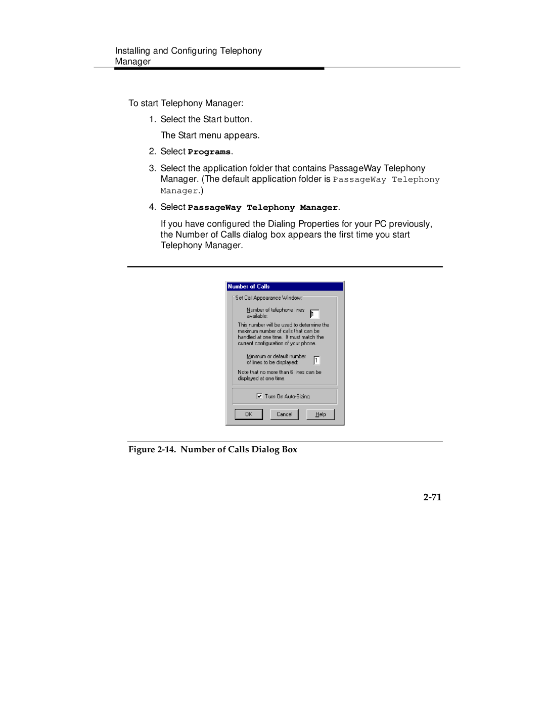 Lucent Technologies Comcode 108239393 manual Select PassageWay Telephony Manager, Number of Calls Dialog Box 