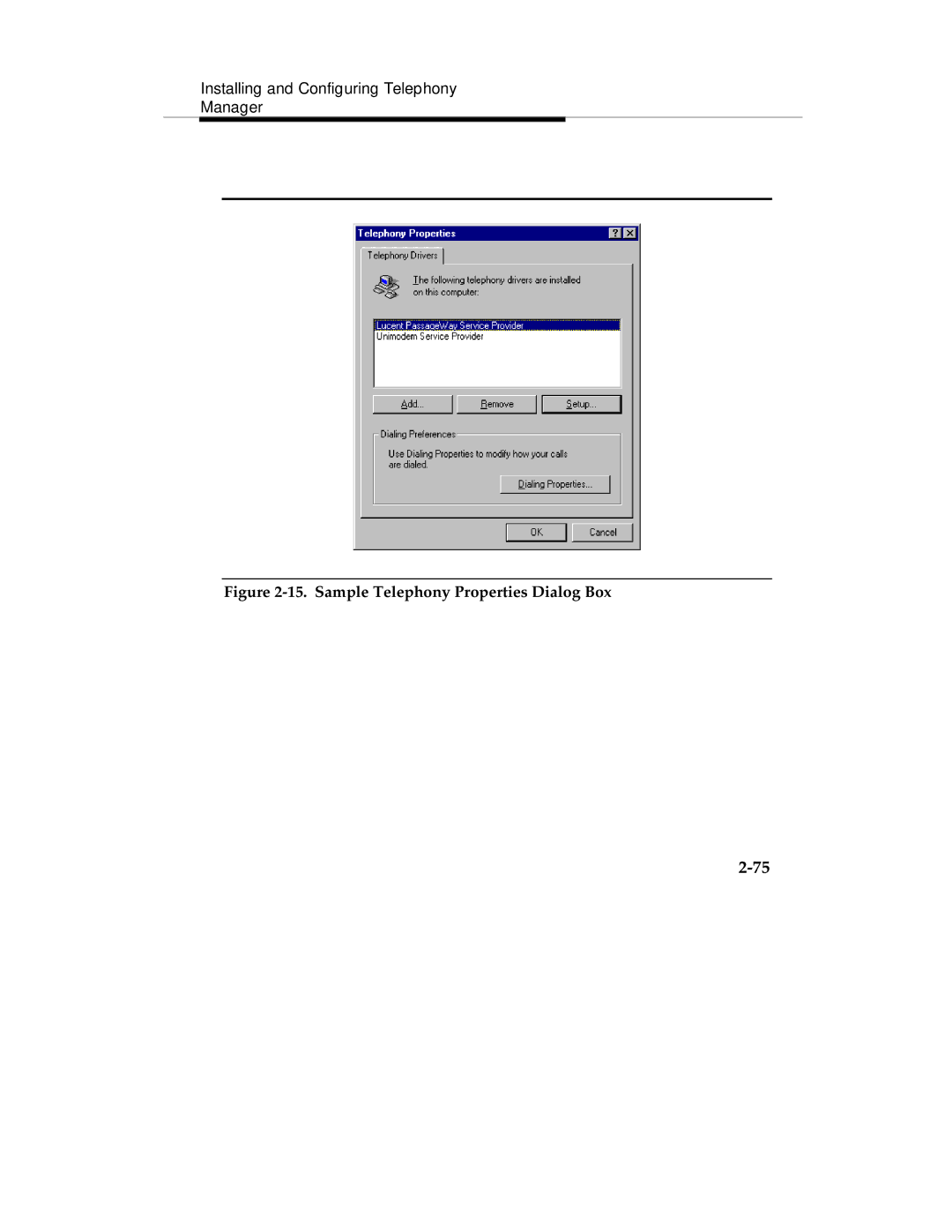 Lucent Technologies Comcode 108239393 manual Sample Telephony Properties Dialog Box 