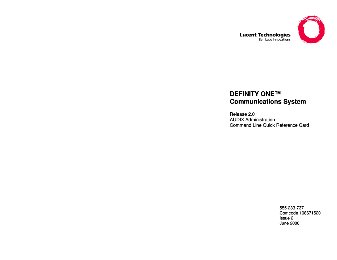 Lucent Technologies manual DEFINITY ONE Communications System, Comcode 108671520 Issue June 