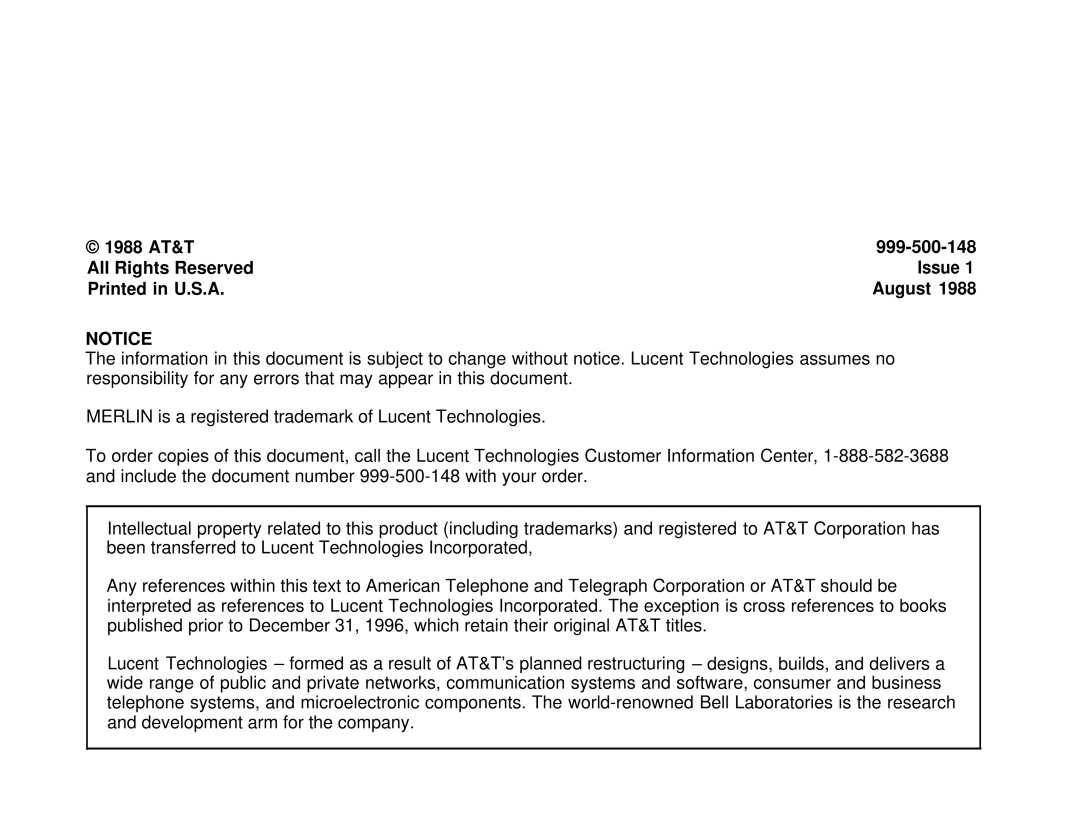 Lucent Technologies Communications System manual 1988 AT&T 999-500-148 All Rights Reserved Issue August 