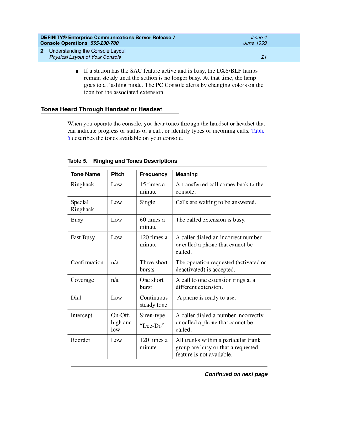 Lucent Technologies Enterprise Communications Server manual Tones Heard Through Handset or Headset, On next 