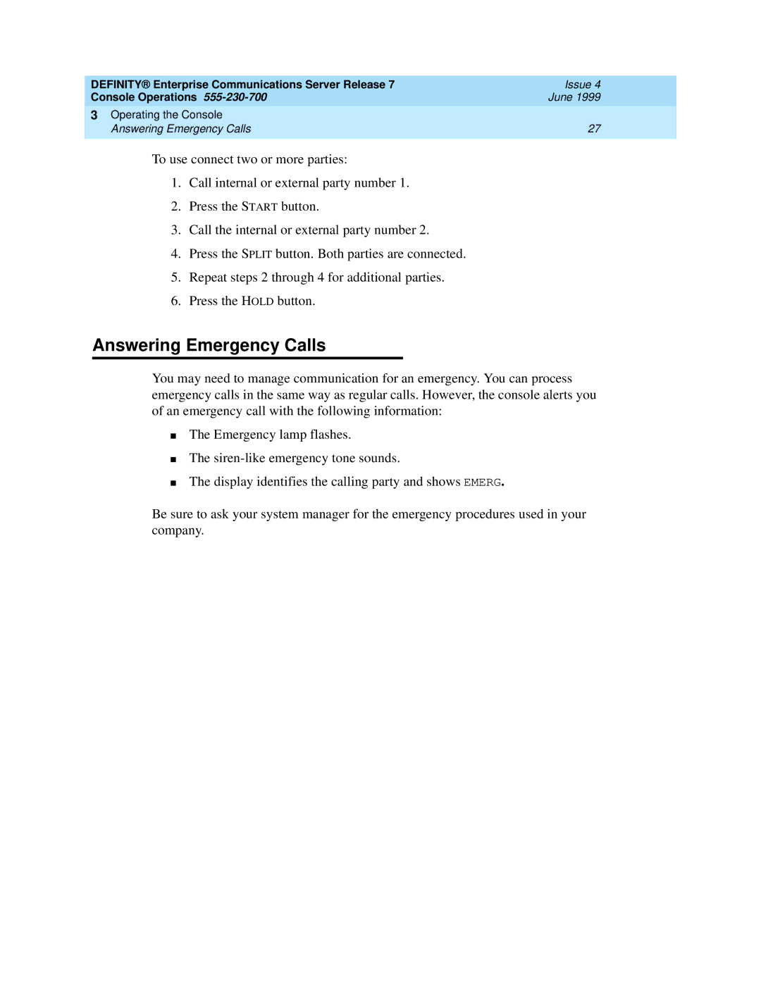 Lucent Technologies Enterprise Communications Server manual Answering Emergency Calls 