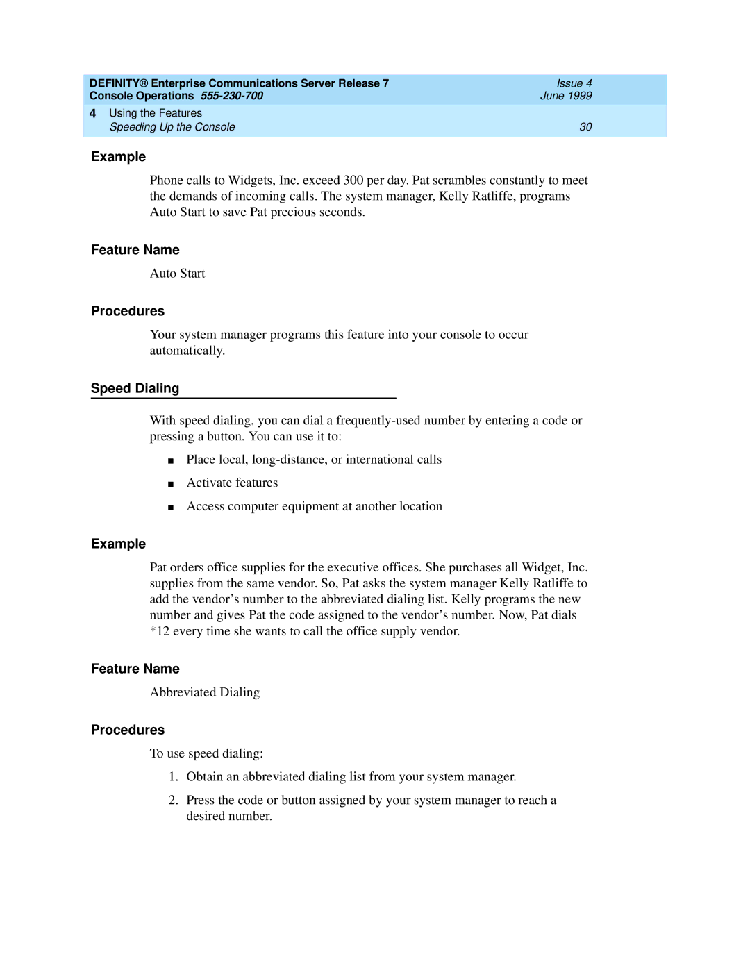 Lucent Technologies Enterprise Communications Server manual Example, Feature Name, Procedures, Speed Dialing 