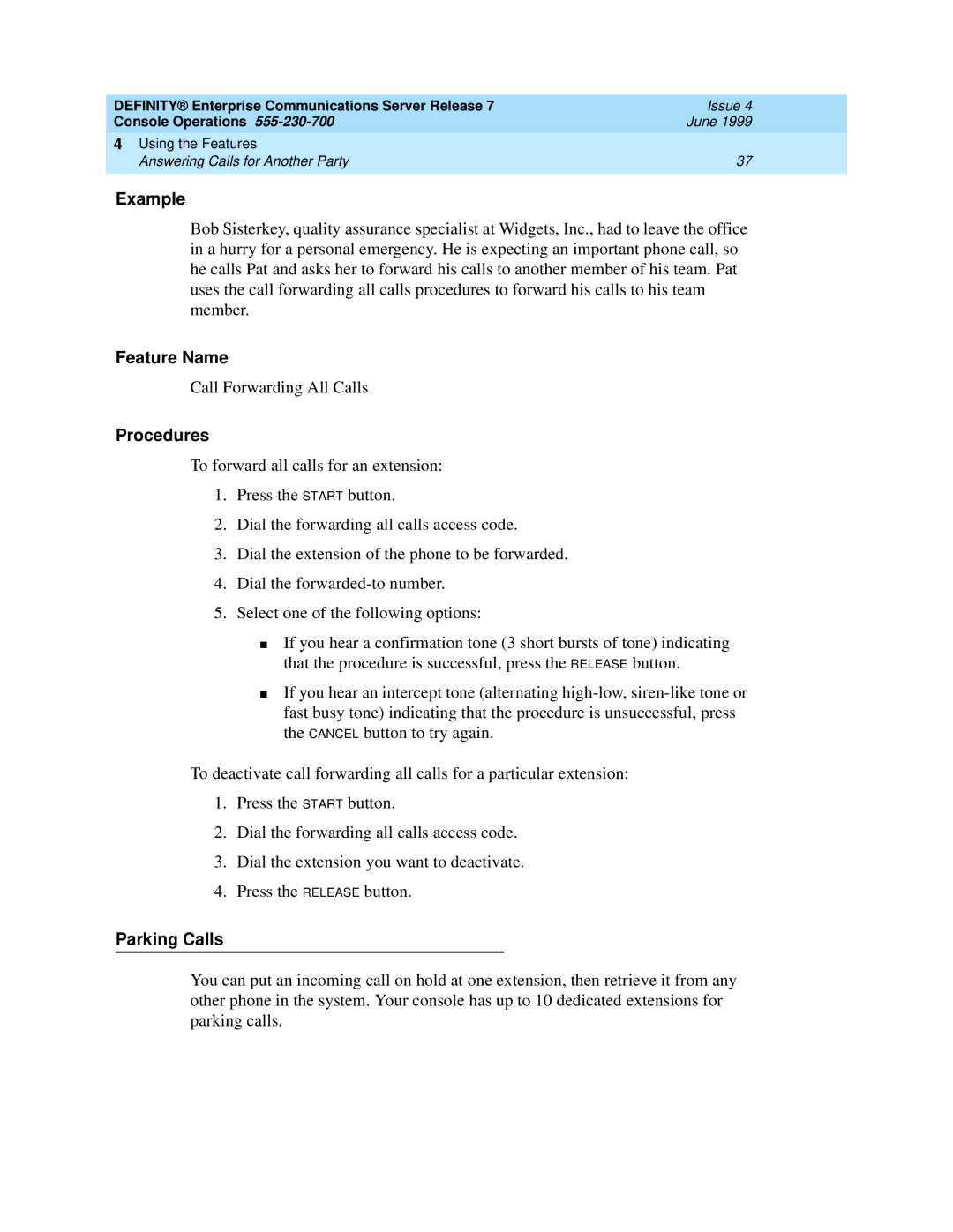 Lucent Technologies Enterprise Communications Server manual Parking Calls 