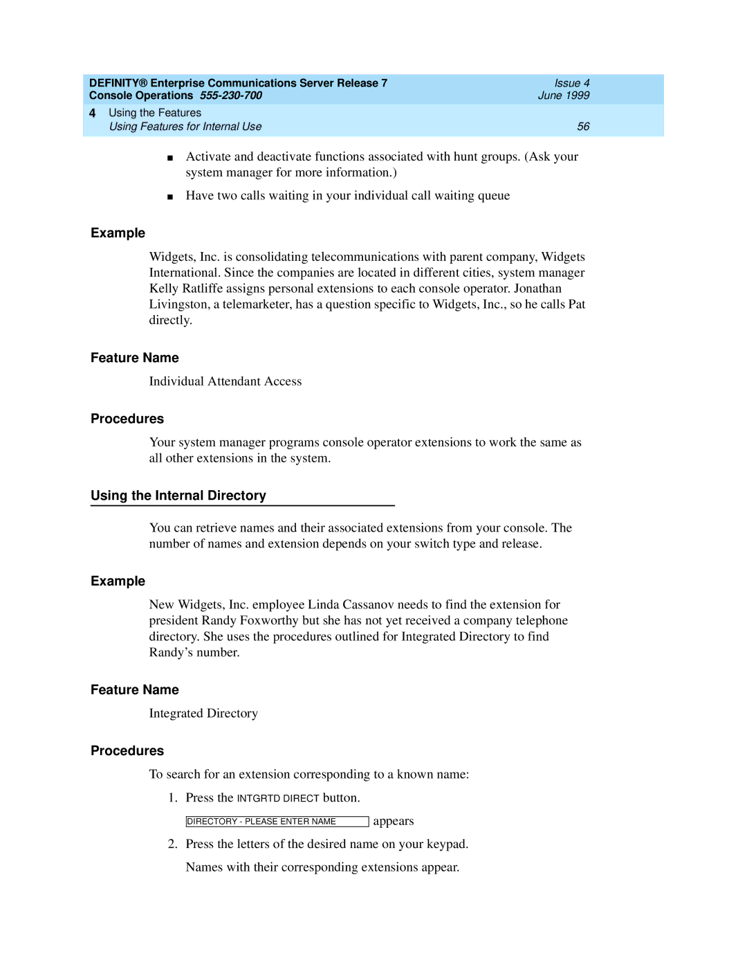 Lucent Technologies Enterprise Communications Server manual Using the Internal Directory 