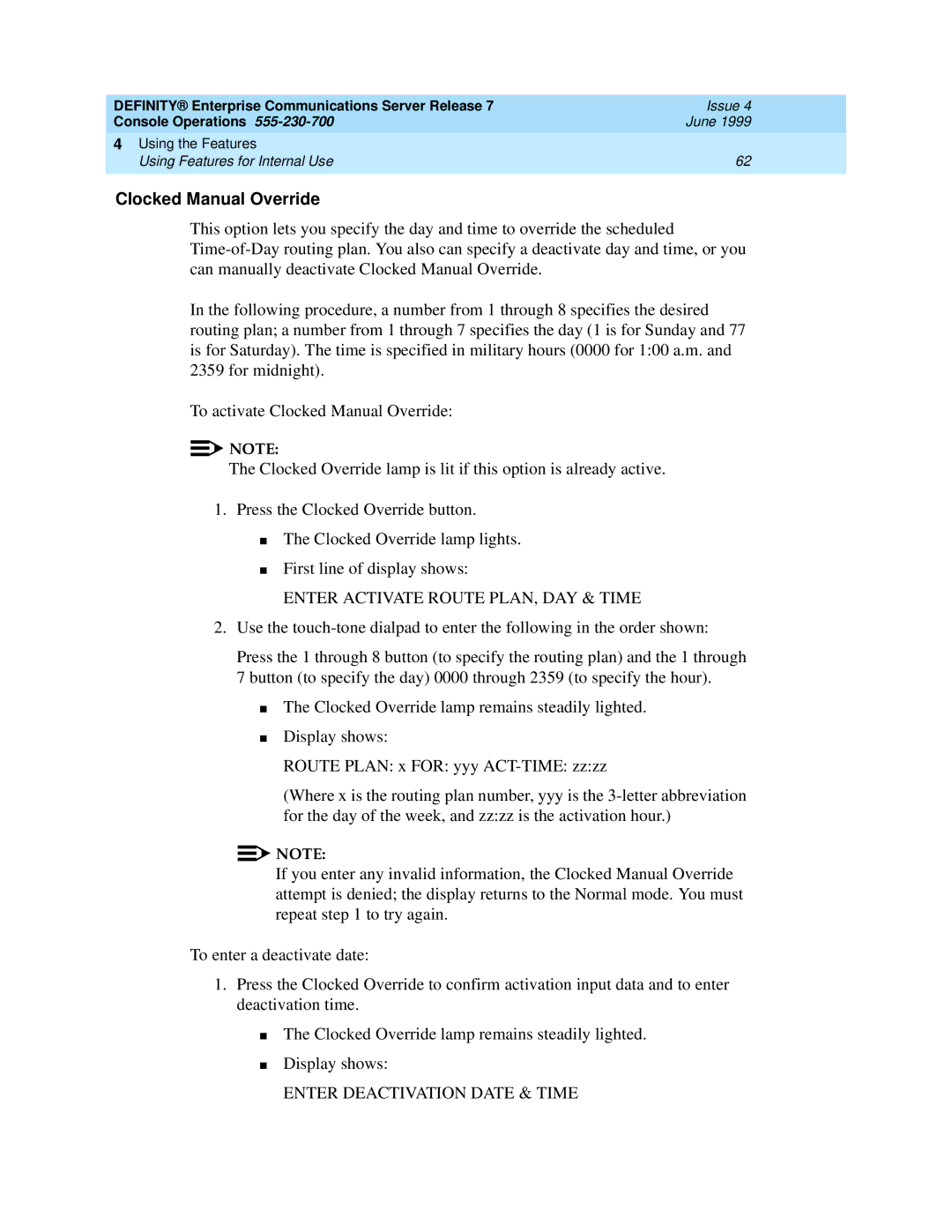 Lucent Technologies Enterprise Communications Server manual Enter Activate Route PLAN, DAY & Time 