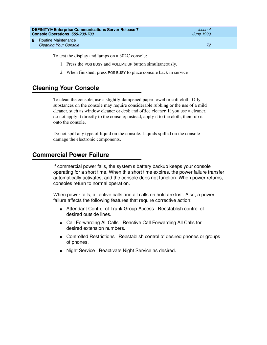 Lucent Technologies Enterprise Communications Server manual Cleaning Your Console, Commercial Power Failure 