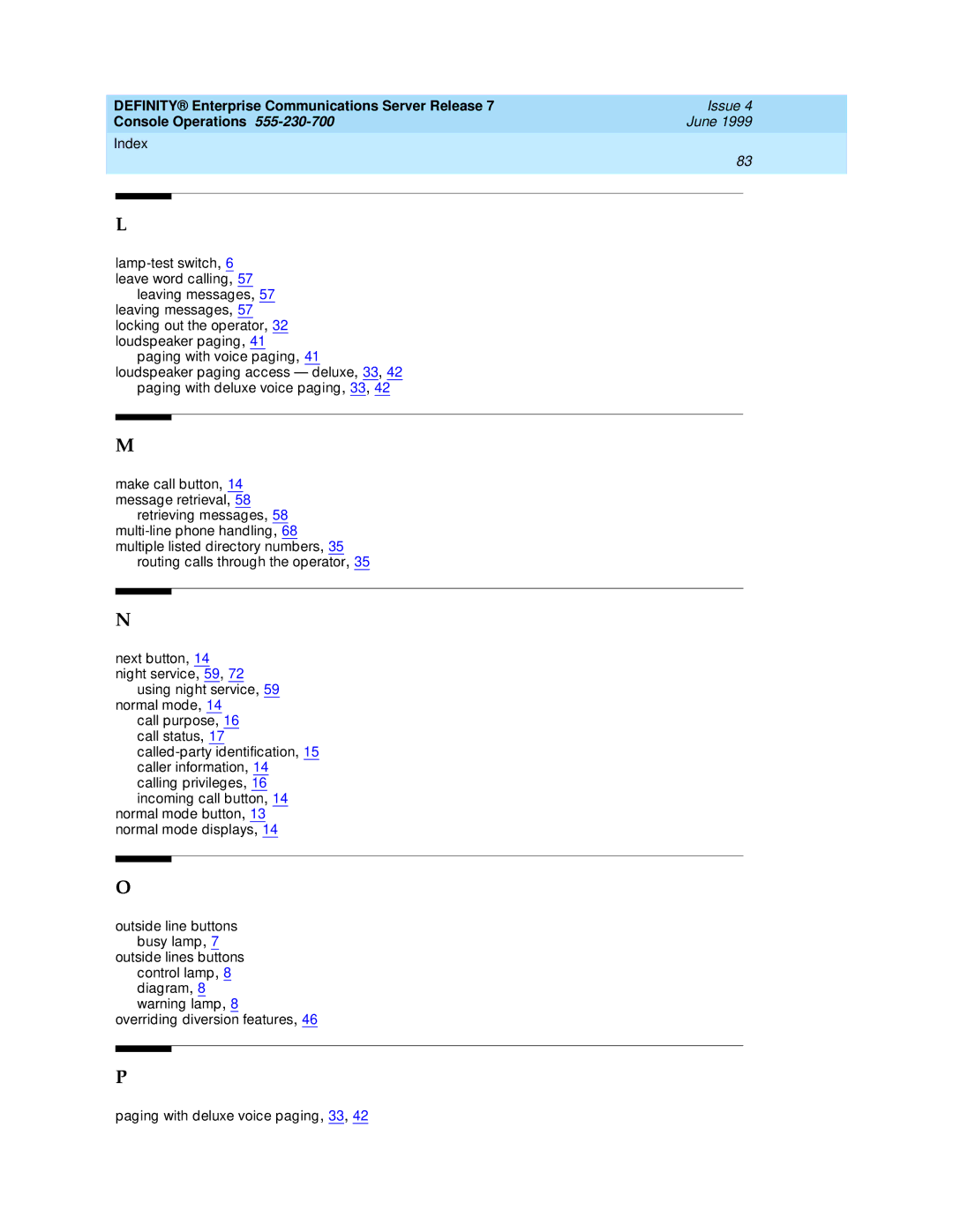 Lucent Technologies Enterprise Communications Server manual Index 