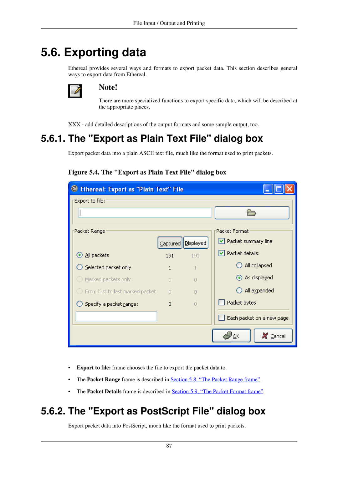 Lucent Technologies Ethereal Exporting data, Export as Plain Text File dialog box, Export as PostScript File dialog box 