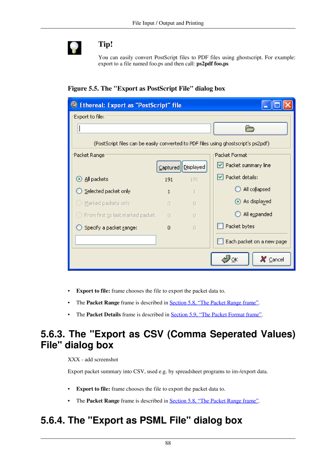 Lucent Technologies Ethereal manual Export as CSV Comma Seperated Values File dialog box, Export as Psml File dialog box 