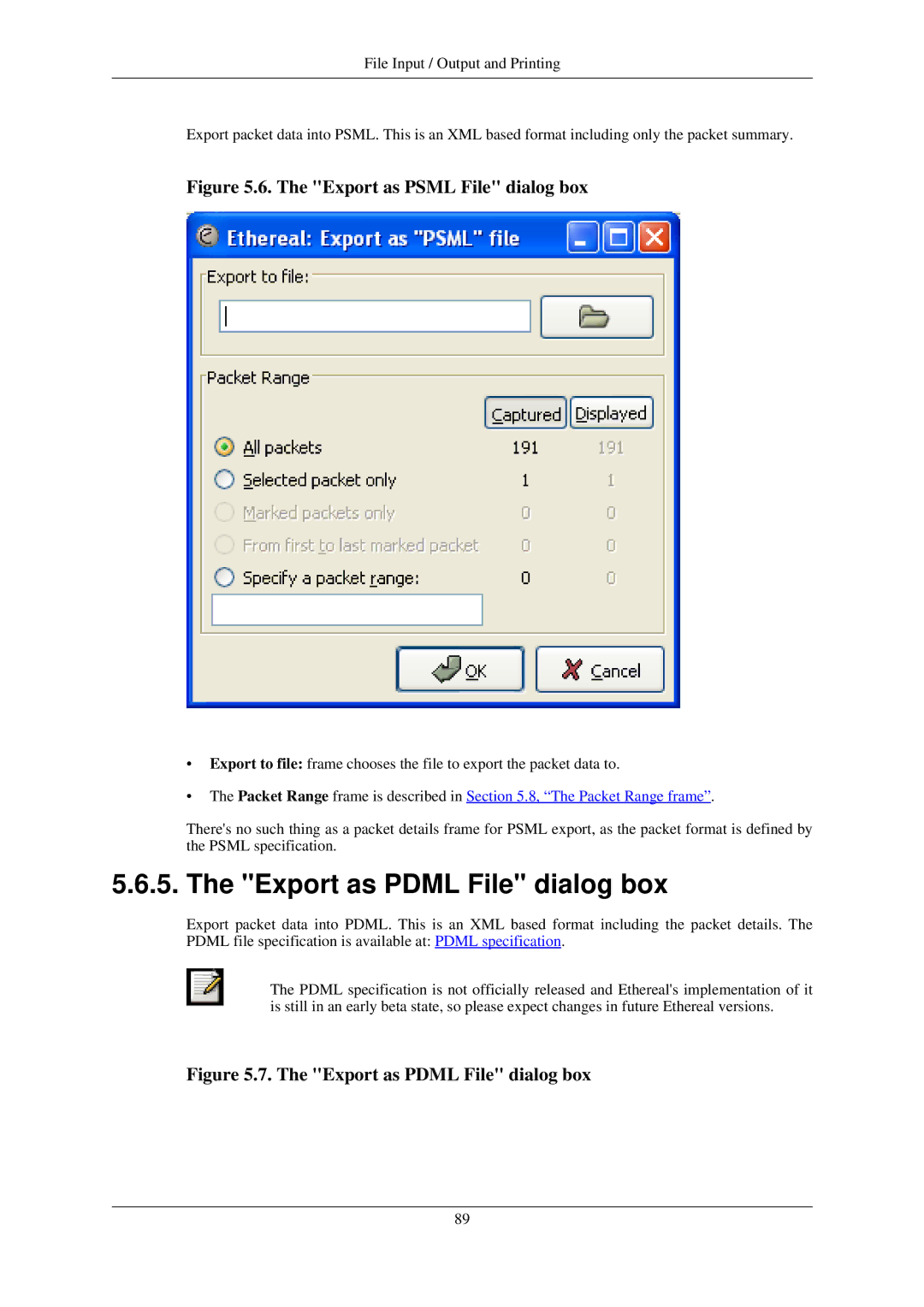 Lucent Technologies Ethereal manual Export as Pdml File dialog box, Export as Psml File dialog box 