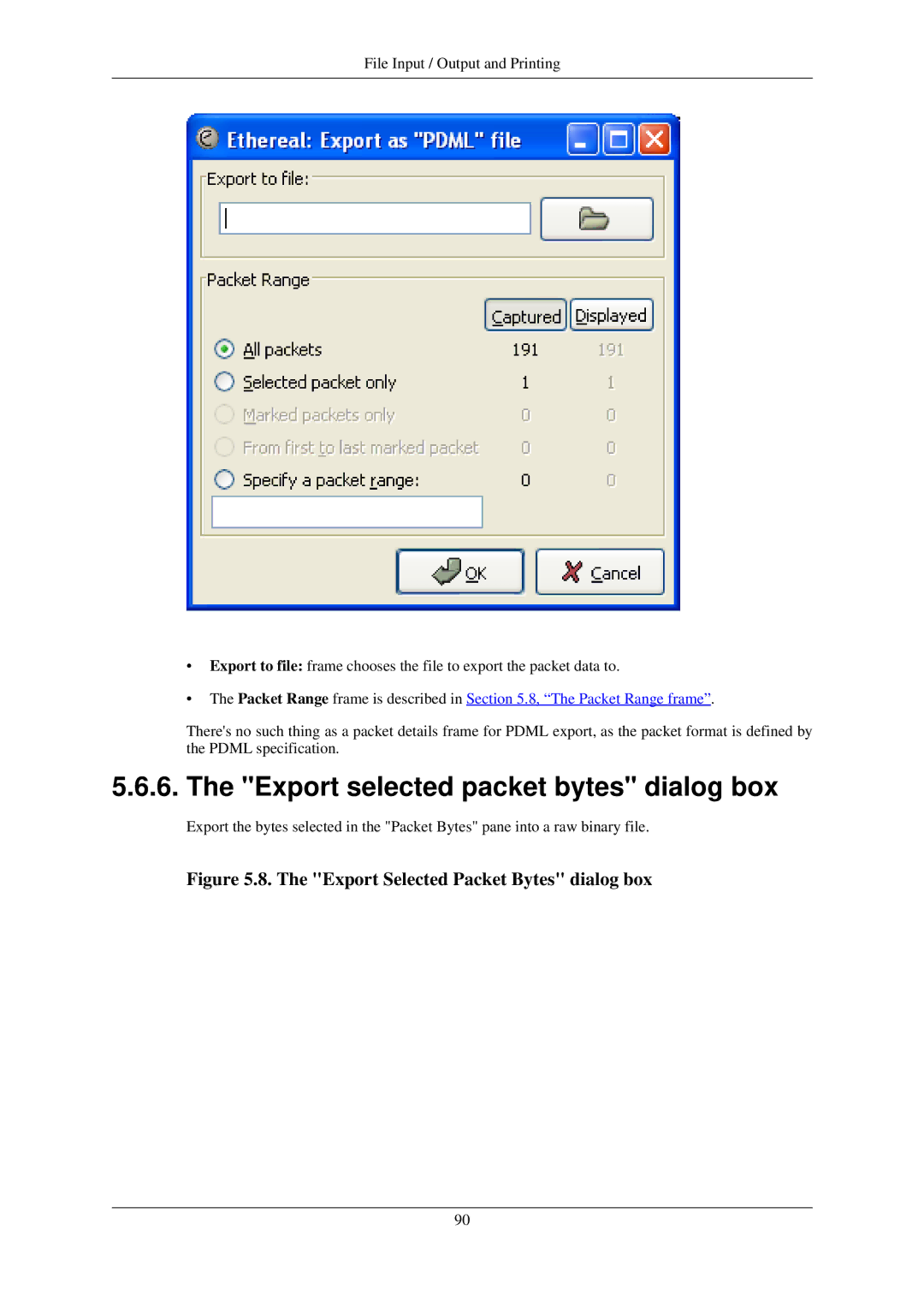 Lucent Technologies Ethereal manual Export selected packet bytes dialog box, Export Selected Packet Bytes dialog box 