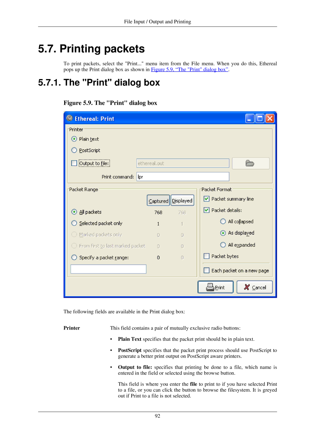 Lucent Technologies Ethereal manual Printing packets, Print dialog box, Printer 