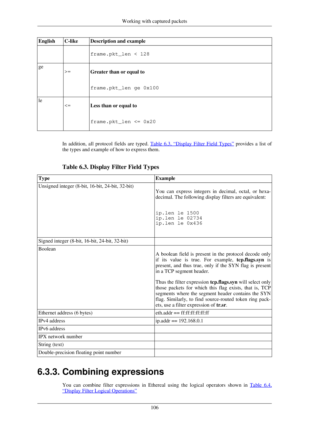 Lucent Technologies Ethereal manual Combining expressions, Display Filter Field Types 