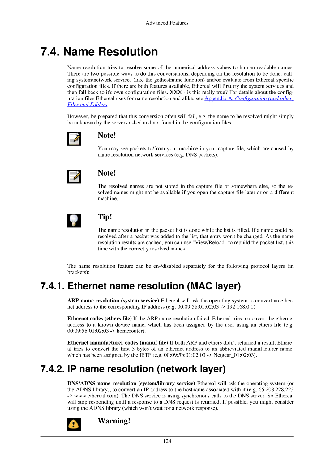 Lucent Technologies Ethereal manual Name Resolution, Ethernet name resolution MAC layer, IP name resolution network layer 