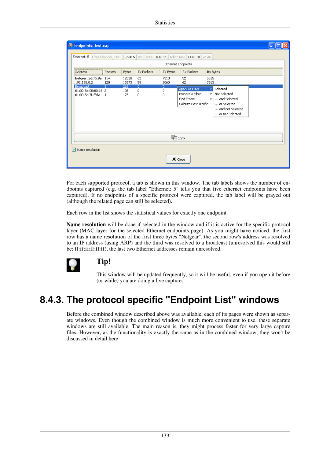 Lucent Technologies Ethereal manual Protocol specific Endpoint List windows 