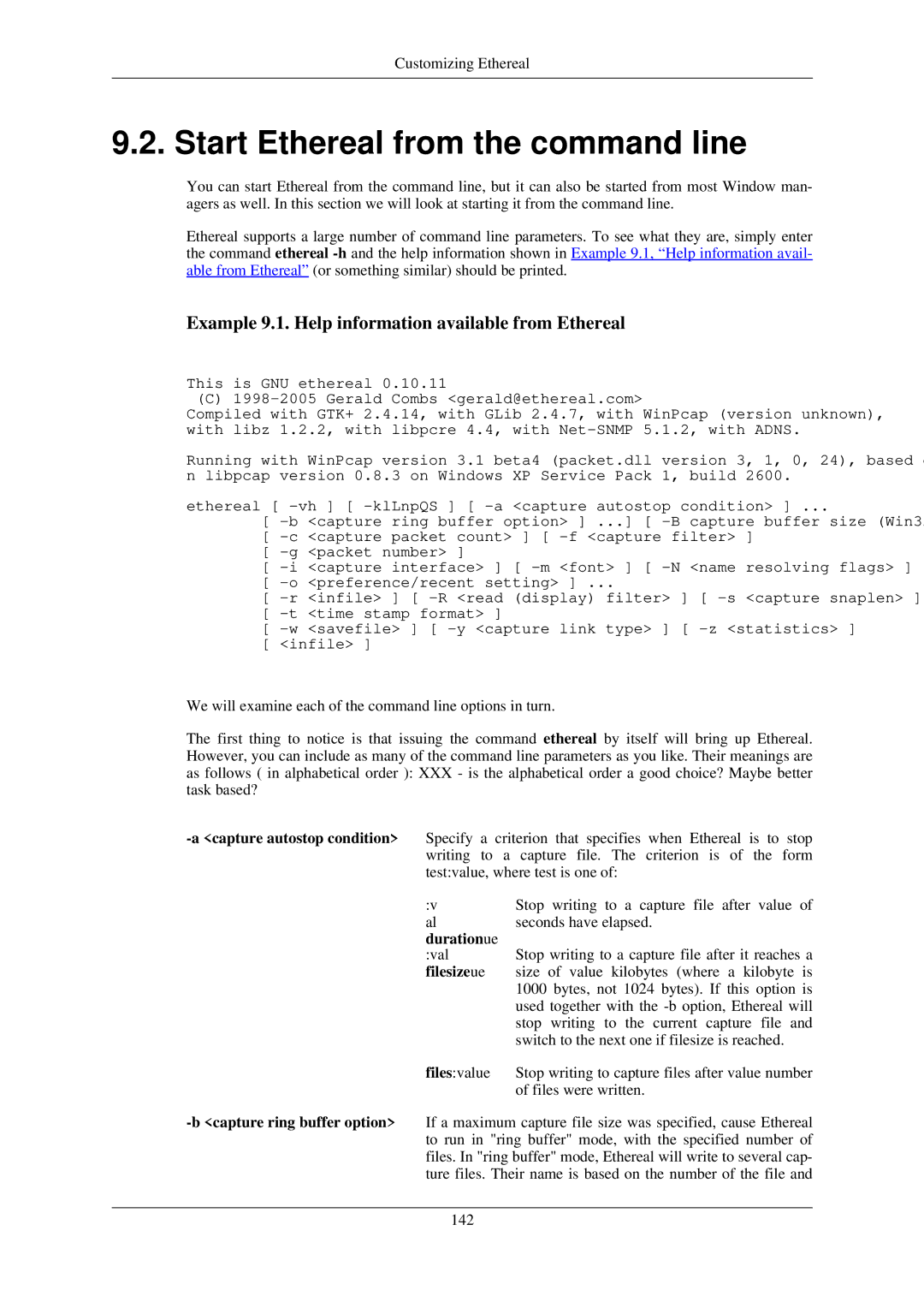 Lucent Technologies manual Start Ethereal from the command line, Example 9.1. Help information available from Ethereal 