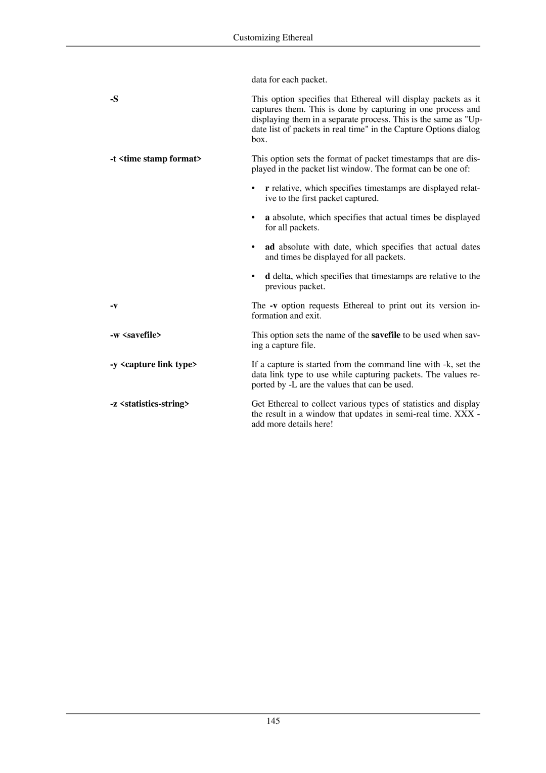 Lucent Technologies Ethereal manual Time stamp format, Savefile, Capture link type, Statistics-string 