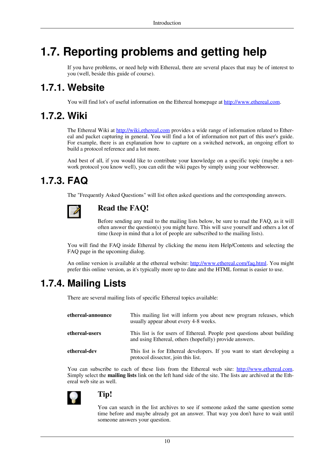 Lucent Technologies Ethereal manual Reporting problems and getting help, Website Wiki, Faq, Mailing Lists 