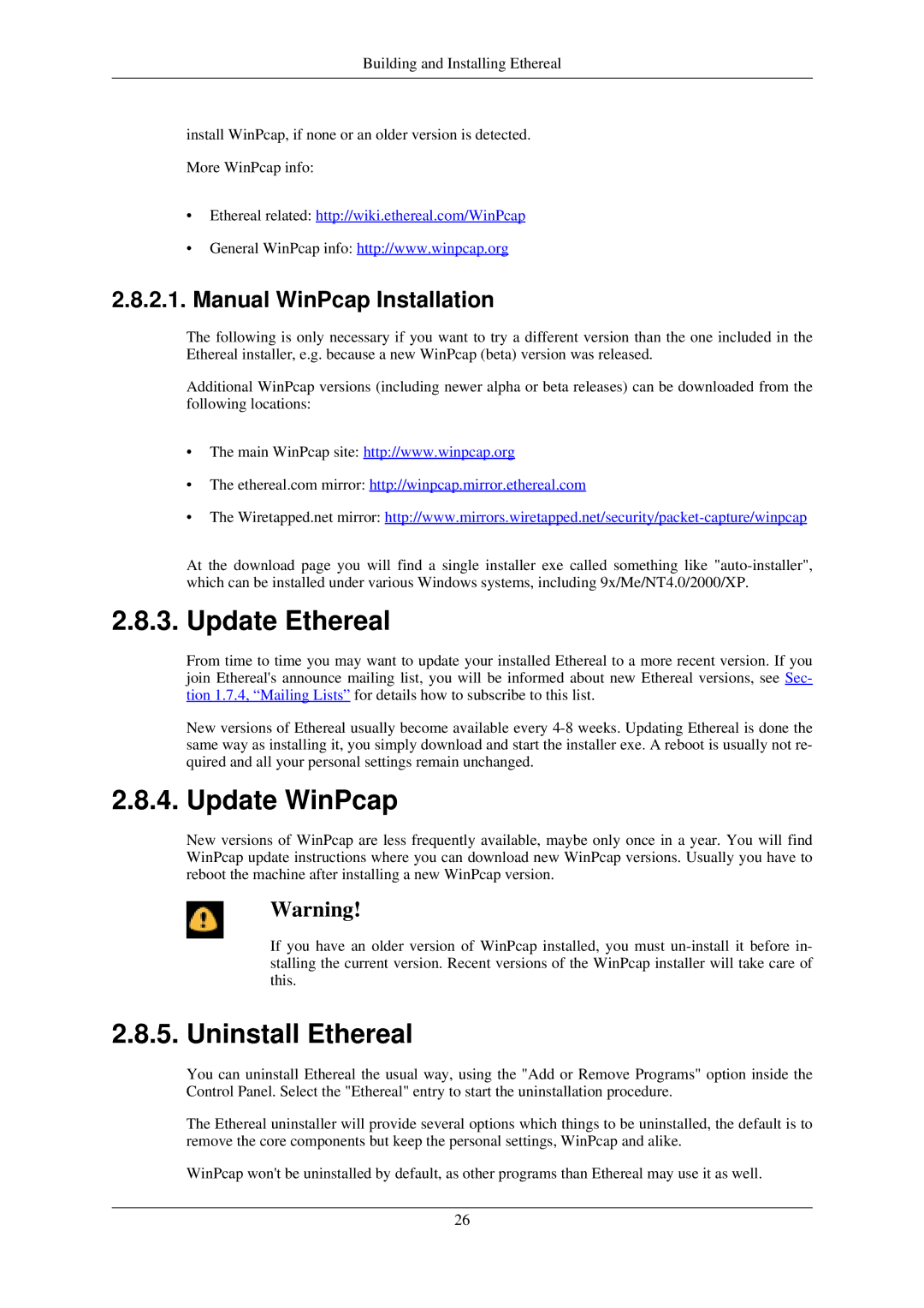 Lucent Technologies manual Update Ethereal, Update WinPcap, Uninstall Ethereal 