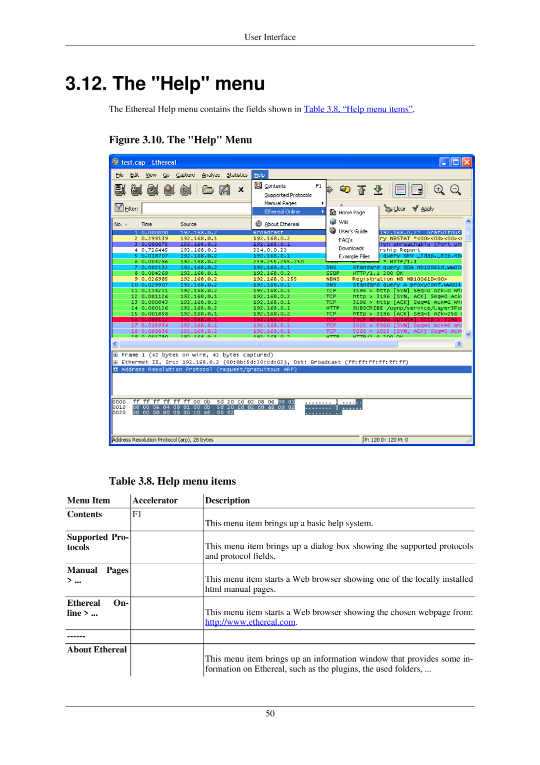 Lucent Technologies Ethereal manual The Help Menu Help menu items 