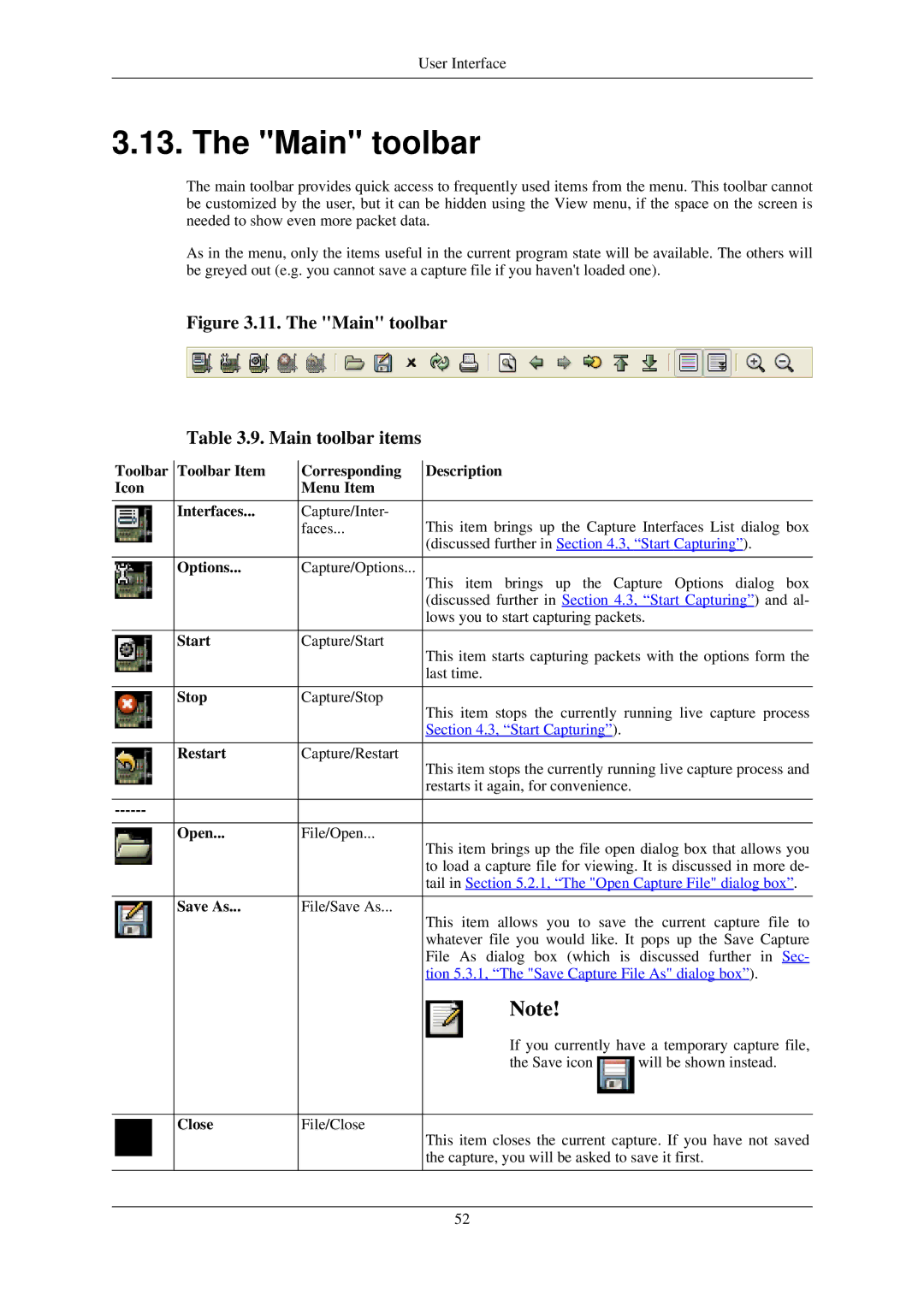 Lucent Technologies Ethereal manual The Main toolbar Main toolbar items 