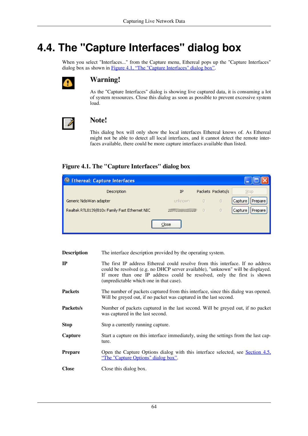 Lucent Technologies Ethereal manual Capture Interfaces dialog box, Packets/s, Prepare 