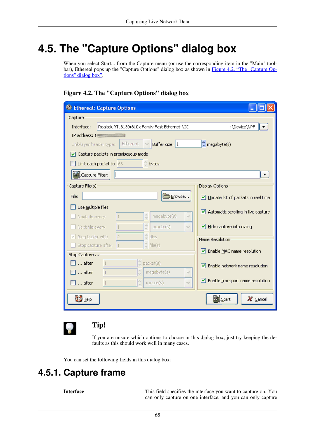 Lucent Technologies Ethereal manual Capture Options dialog box, Capture frame, Interface 