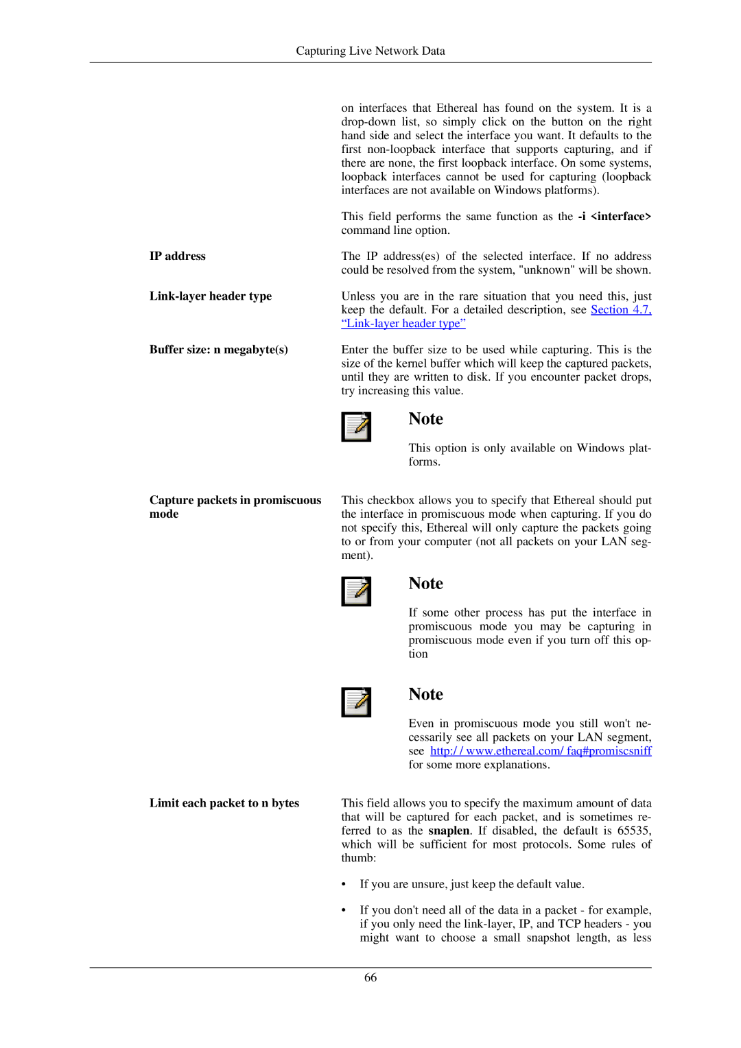 Lucent Technologies Ethereal IP address, Link-layer header type, Buffer size n megabytes, Capture packets in promiscuous 