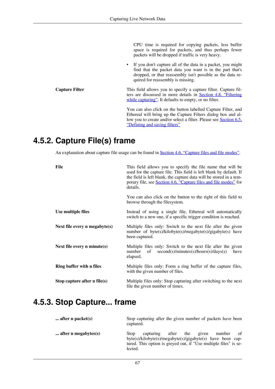 Lucent Technologies Ethereal manual Capture Files frame, Stop Capture... frame 