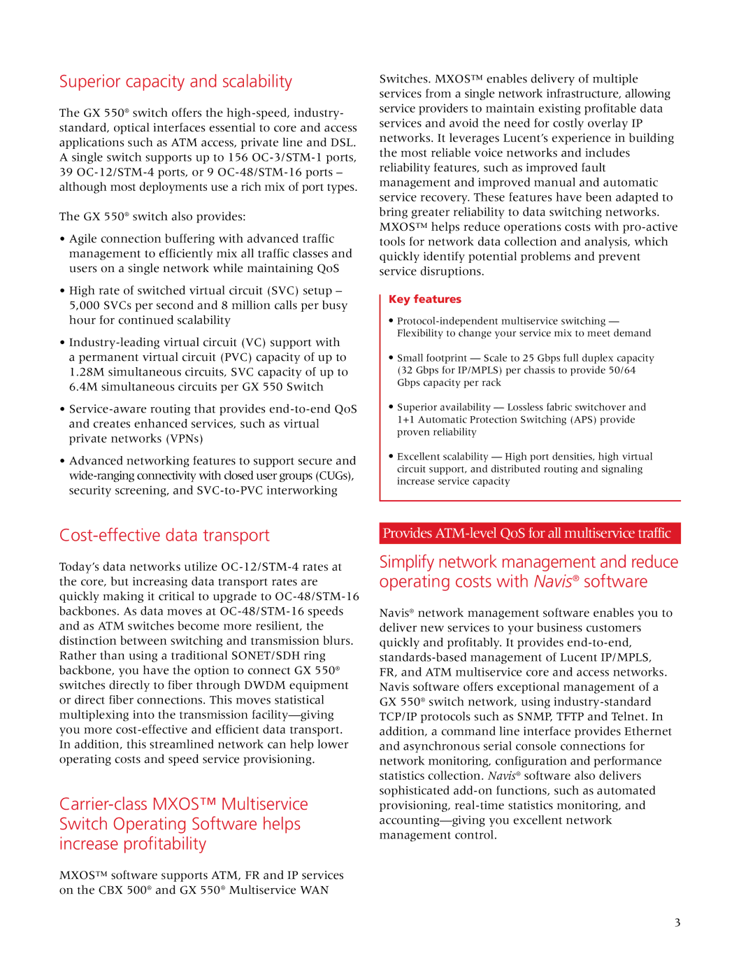 Lucent Technologies GX 550 manual Superior capacity and scalability, Cost-effective data transport 