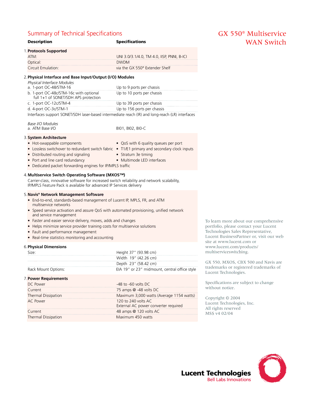 Lucent Technologies manual GX 550 Multiservice WAN Switch 