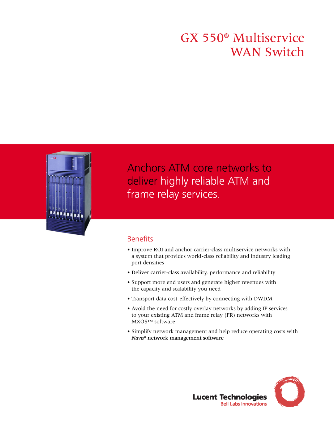 Lucent Technologies manual Benefits, GX 550 Multiservice WAN Switch 