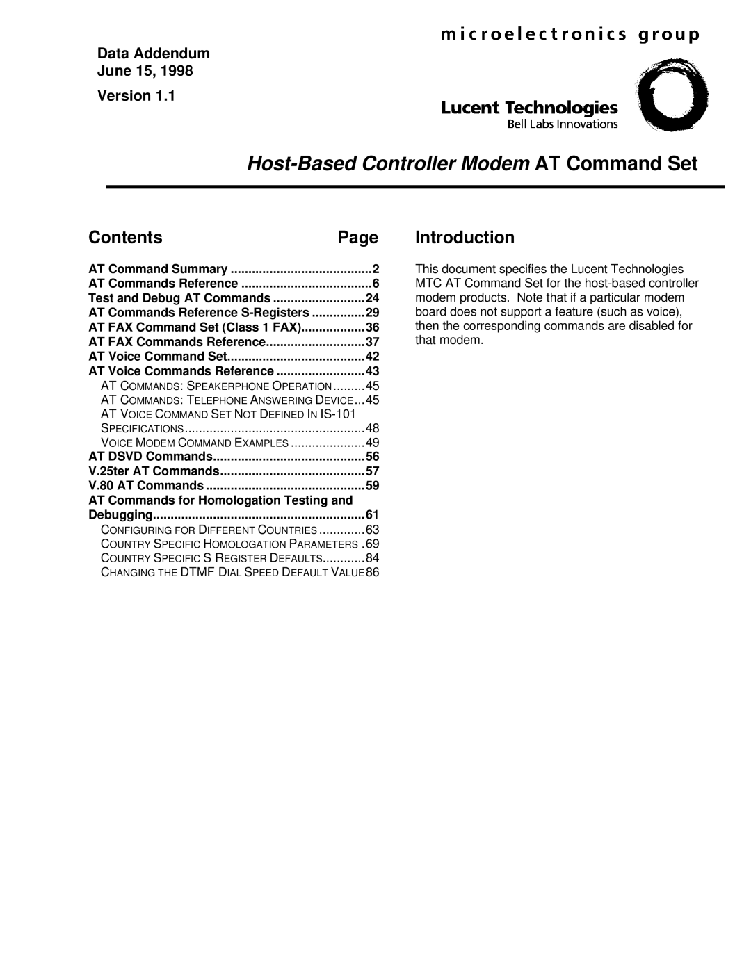 Lucent Technologies Host-Based Controller Modem AT specifications Contents, Introduction 