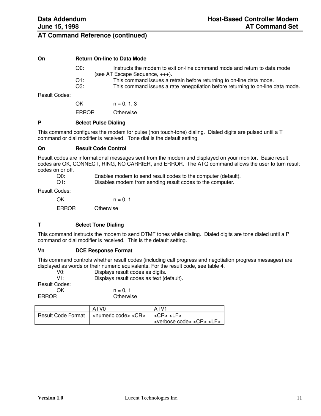 Lucent Technologies Host-Based Controller Modem AT Return On-line to Data Mode, Select Pulse Dialing, Result Code Control 