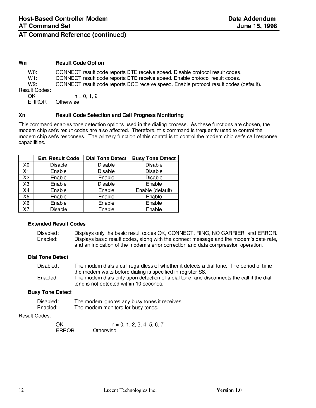 Lucent Technologies Host-Based Controller Modem AT Result Code Option, Result Code Selection and Call Progress Monitoring 